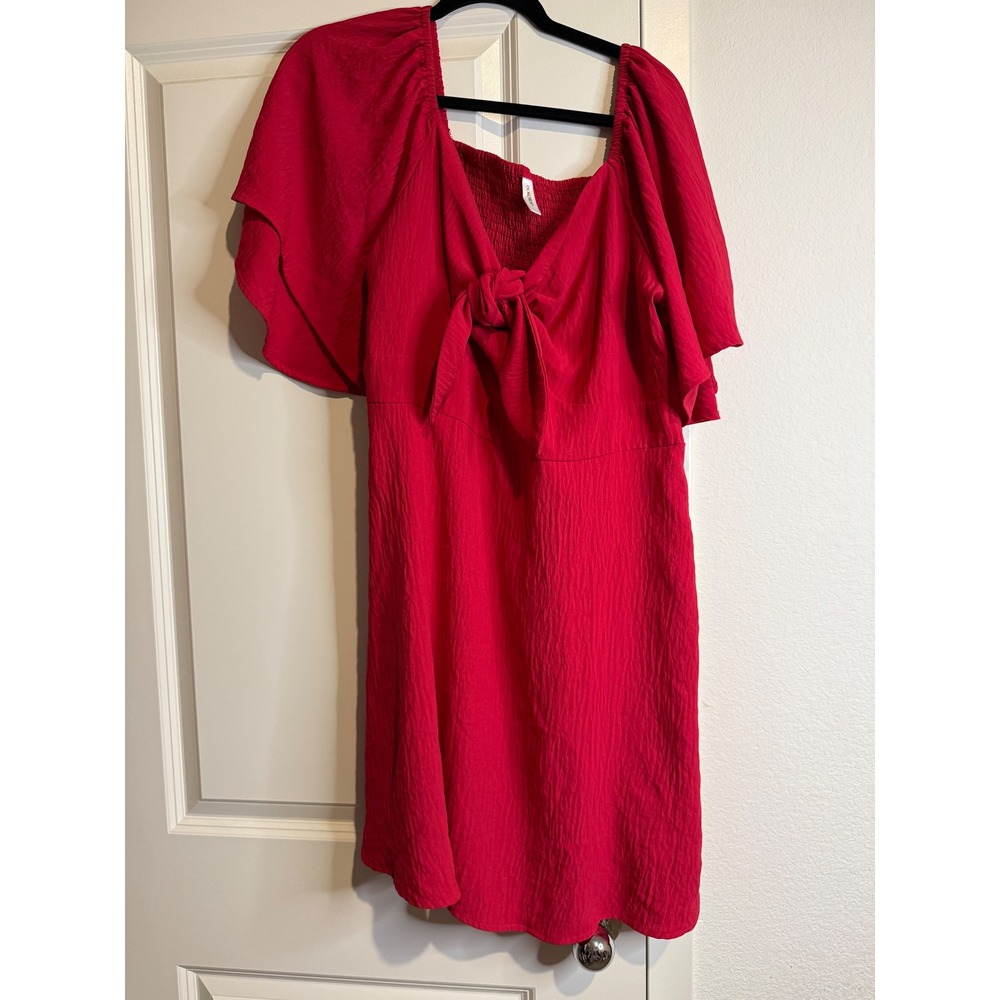 Dokotoo Red Tie Front Flutter Sleeve Mini Dress with Pockets and Back Bow